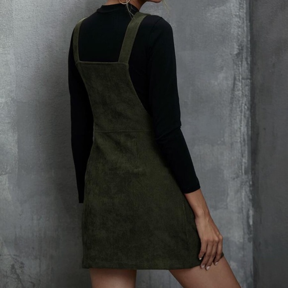 011 Boho Army Green corduroy Zipper Mini Dress - Picture 8 of 9